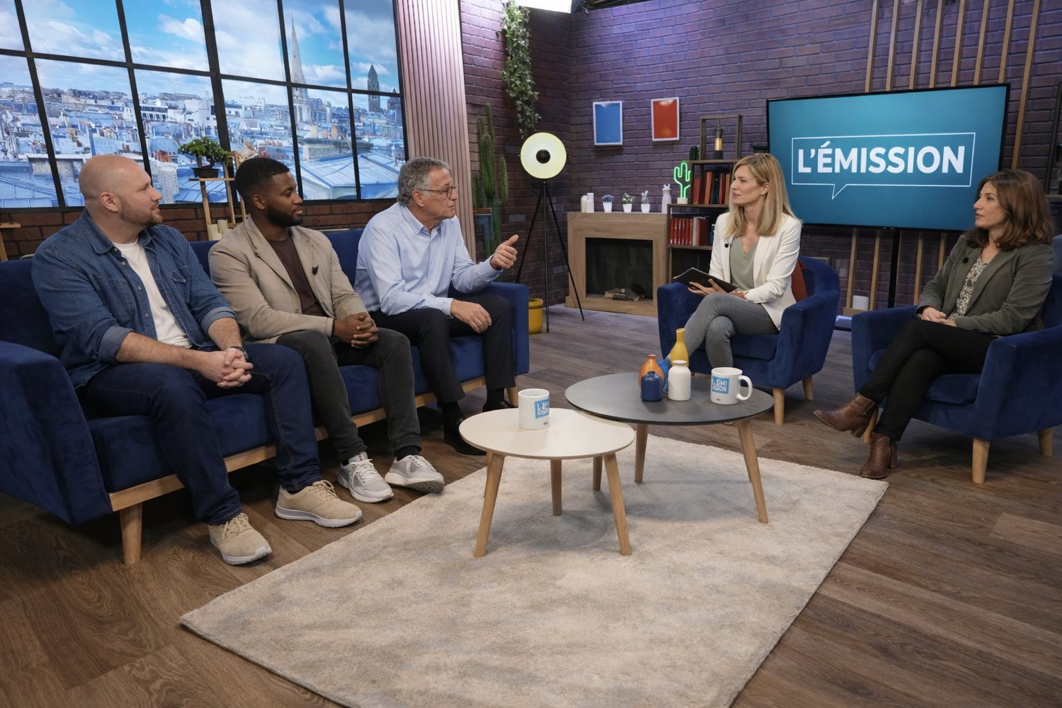 Un dirigeant et ses invités filmés sur le plateau du studio à Paris